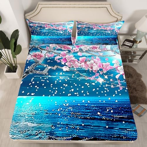 Manfei Pink Blossom Flower Sheet Set Twin Size with Deep Pocket
