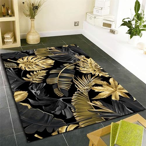 USHIRUG Black Gold Monstera Area Rug 2x6ft
