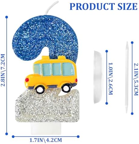 2nd Birthday Candles School Bus Blue Silver Decoration