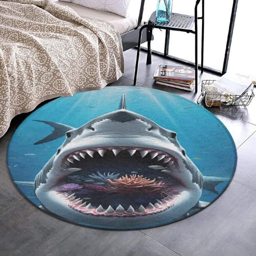Modern Soft Round Area Rug - Great Ocean White Shark Design