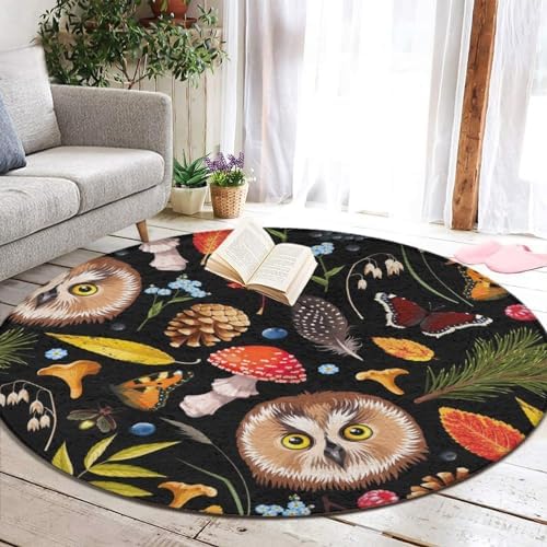 Meaudiwes Owl Mushroom Floor Rug 24 Inch Non-Slip Round Mat