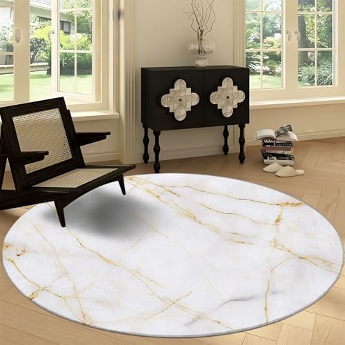 Bhoyctn Round Area Rug 2 x 2 Marble Gold Stripes