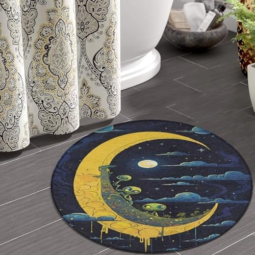 Modern Funny Alien Moon Sky Circle Rug