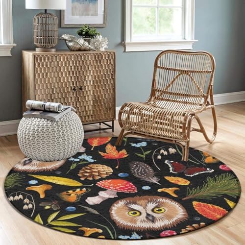 Meaudiwes Owl Mushroom Floor Rug 24 Inch Non-Slip Round Mat