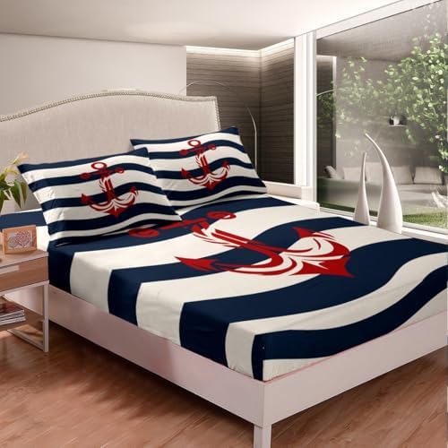 Manfei Nautical Anchor Sheet Set Twin Navy Blue Stripes Deep Pocket
