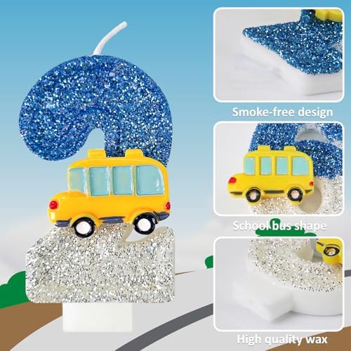 2nd Birthday Candles School Bus Blue Silver Decoration