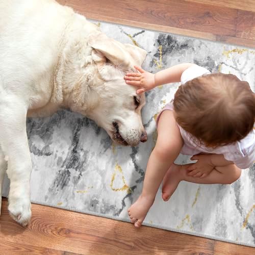 Modern Abstract 3x5 Area Rug Marble Grey White