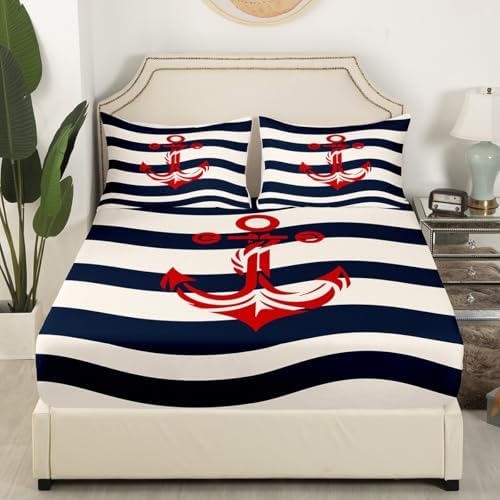 Manfei Nautical Anchor Sheet Set Twin Navy Blue Stripes Deep Pocket