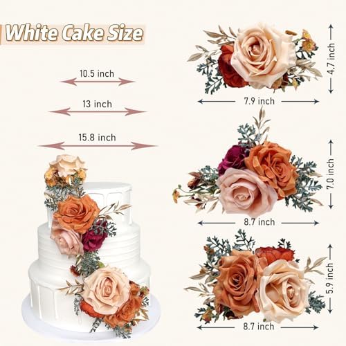 Burnt Orange Silk Flowers Wedding Cake Decor