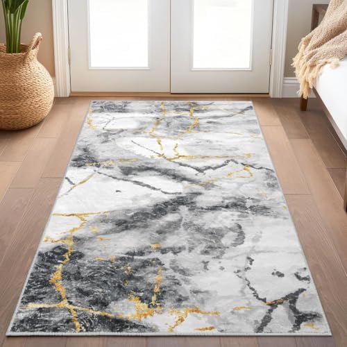 Modern Abstract 3x5 Area Rug Marble Grey White
