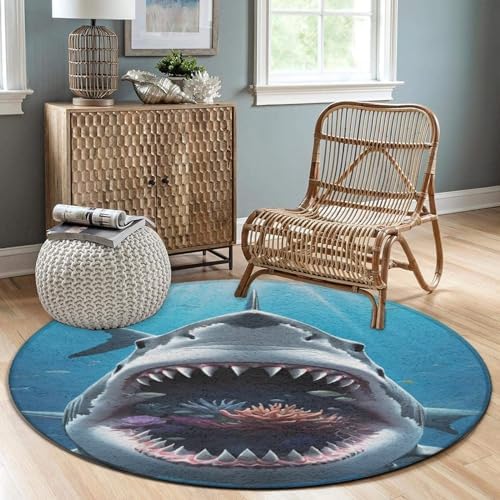Modern Soft Round Area Rug - Great Ocean White Shark Design