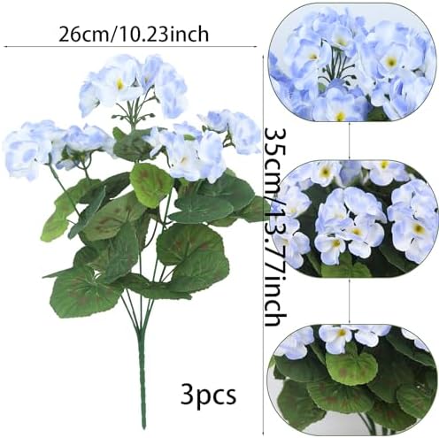 3 Pcs Artificial Blue Geranium Bushes for Garden Decor