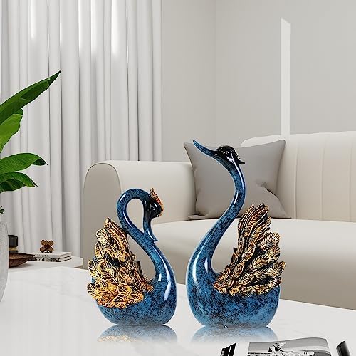 CECKQUE 2pcs Swan Statues Couple Home Decor Blue