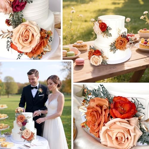 Burnt Orange Silk Flowers Wedding Cake Decor