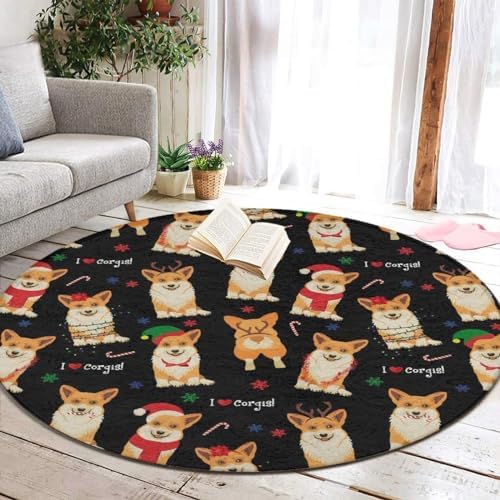 Meaudiwes Comfort Flannel Round Rug - Christmas Corgi Design