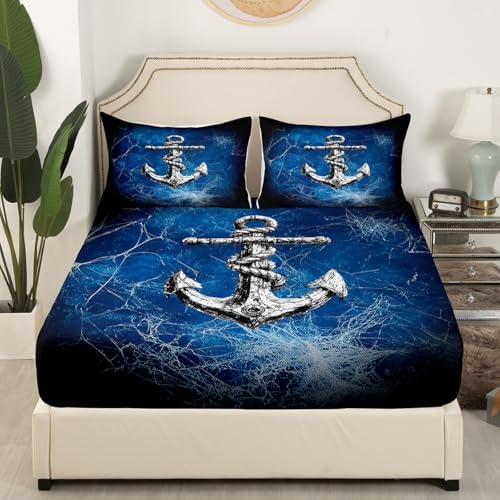 Manfei Nautical Anchor Sheet Set Trippy Blue Black Deep Pocket Twin