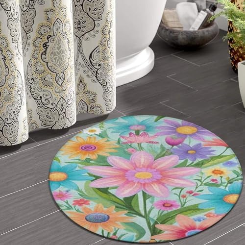 Modern Soft Round Area Rug with Summer Flowers Design
