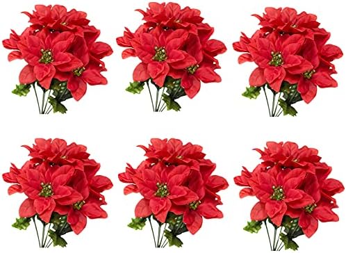 6 Pack Artificial Poinsettia Bushes for Christmas Decor