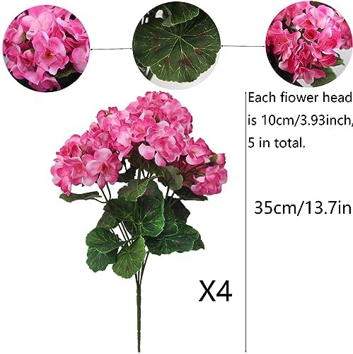 CISDUEO 4 Pcs Artificial Geranium Bush Pink Flowers