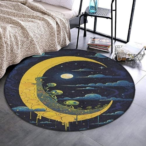 Modern Funny Alien Moon Sky Circle Rug