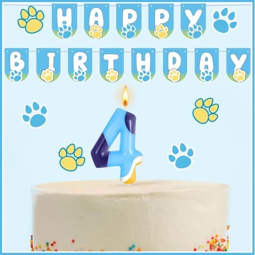 HIYZI Blue Dog Paw Birthday Candle Decorations Number 4