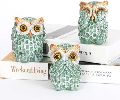 Set of 3 Green Owl Statues Home Decor Accents