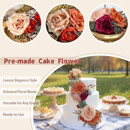 Burnt Orange Silk Flowers Wedding Cake Decor
