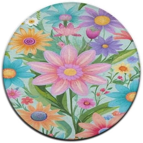 Modern Soft Round Area Rug with Summer Flowers Design