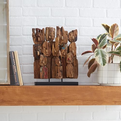 Deco 79 Teak Wood Decorative Sculpture with Faces