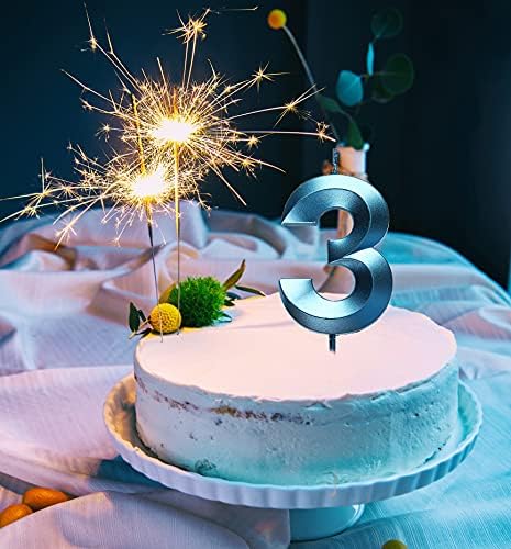 Qj-solar Blue 3 Birthday Candles with 3D Number 3 Cake Topper