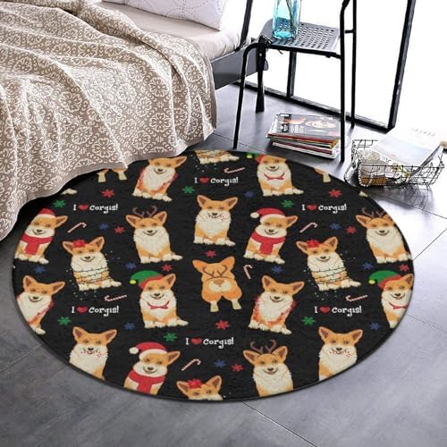 Meaudiwes Comfort Flannel Round Rug - Christmas Corgi Design