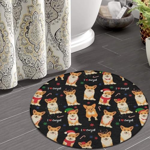 Meaudiwes Comfort Flannel Round Rug - Christmas Corgi Design