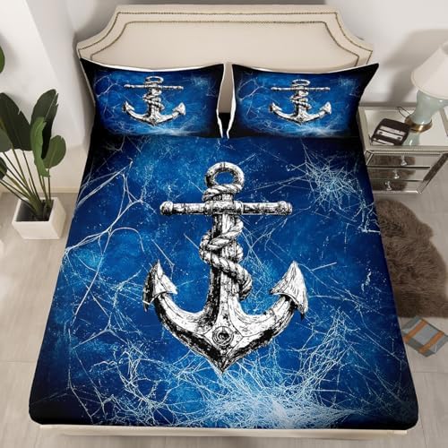 Manfei Nautical Anchor Sheet Set Trippy Blue Black Deep Pocket Twin