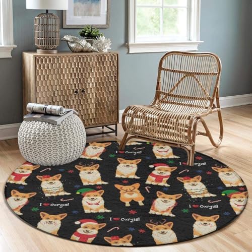 Meaudiwes Comfort Flannel Round Rug - Christmas Corgi Design