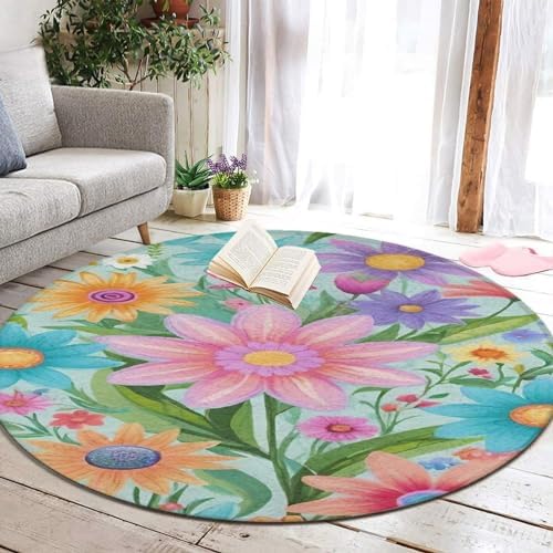 Modern Soft Round Area Rug with Summer Flowers Design