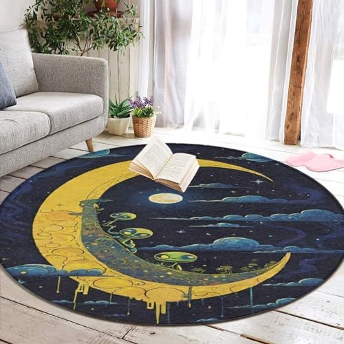 Modern Funny Alien Moon Sky Circle Rug
