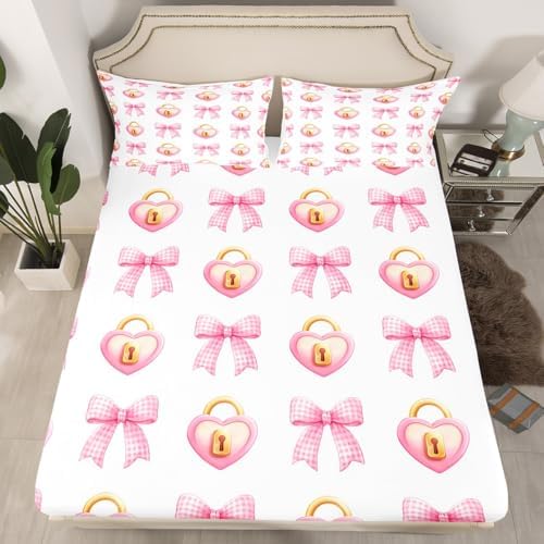 Manfei Love Lock Bed Sheet Set Dreamy Pink Bow Princess Style 1