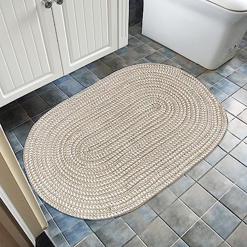 USTIDE Oval Braided Rug Washable Hand Woven Carpet in Light Camel