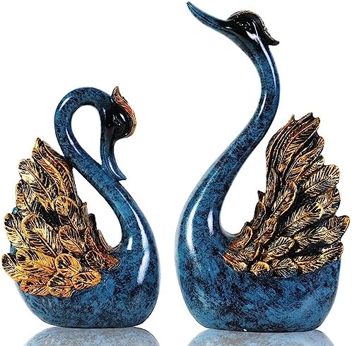 CECKQUE 2pcs Swan Statues Couple Home Decor Blue
