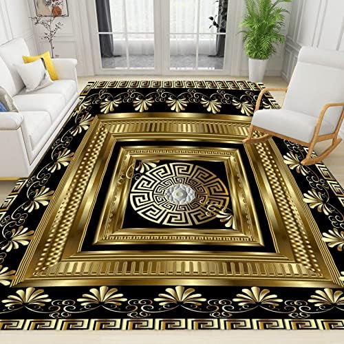 Retro Black Gold Greek Key Meander Area Rug 3x4ft