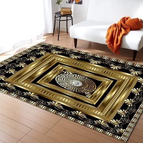 Retro Black Gold Greek Key Meander Area Rug 3x4ft